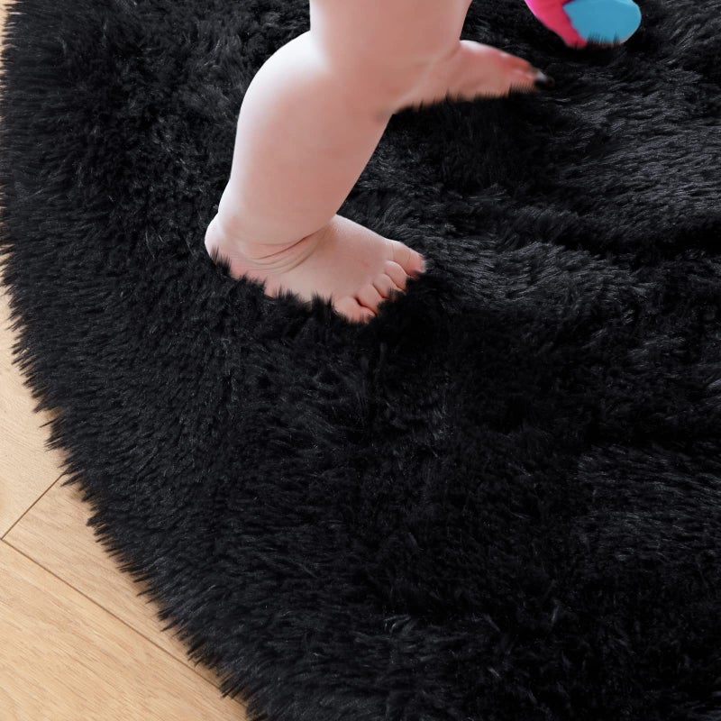 junovo Round Rug 4x4 Feet Fluffy Soft Area Rugs for Kids Girls Room Princess Castle Plush Shaggy Carpet Cute Circle Nursery Rug for Kids Girls Bedroom Baby Room Home Decor Circular Carpet, Black - Image 5